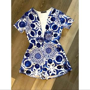 Women’s Petite Blue & White Paisley Floral Print Very Low Cut Short Romper
